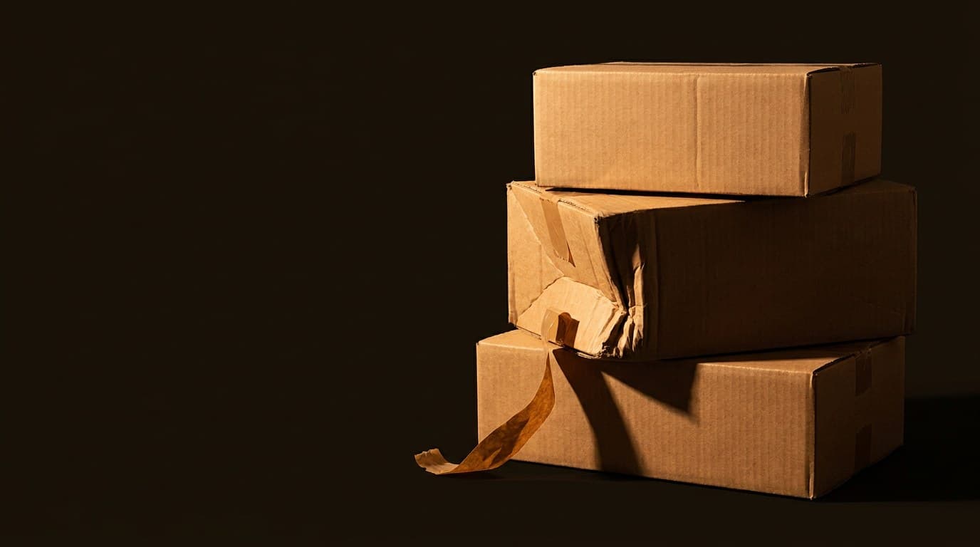 A stack of shipping cartons, the middle one crushed at the corner with its tape torn open, lit against a dark ground.