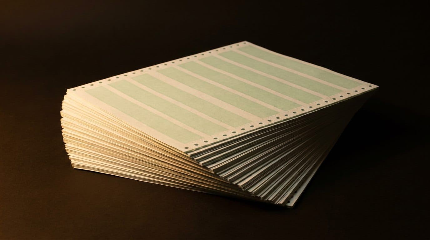 A thick stack of green-bar computer printout, fanned open, lit against a dark ground.